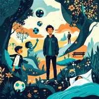 A vibrant illustration depicting a young man surrounded by moments of joy and reflection, with elements symbolizing happiness and despair intertwined in a whimsical landscape.