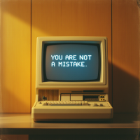 A vintage computer displays the message YOU ARE NOT A MISTAKE, set against a warm wooden background, emphasizing themes of self-affirmation and acceptance.