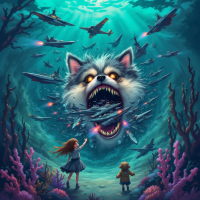 A giant dog with glowing eyes emerges underwater, swallowing an entire battle fleet of planes and ships, as two children watch from the ocean floor surrounded by coral.