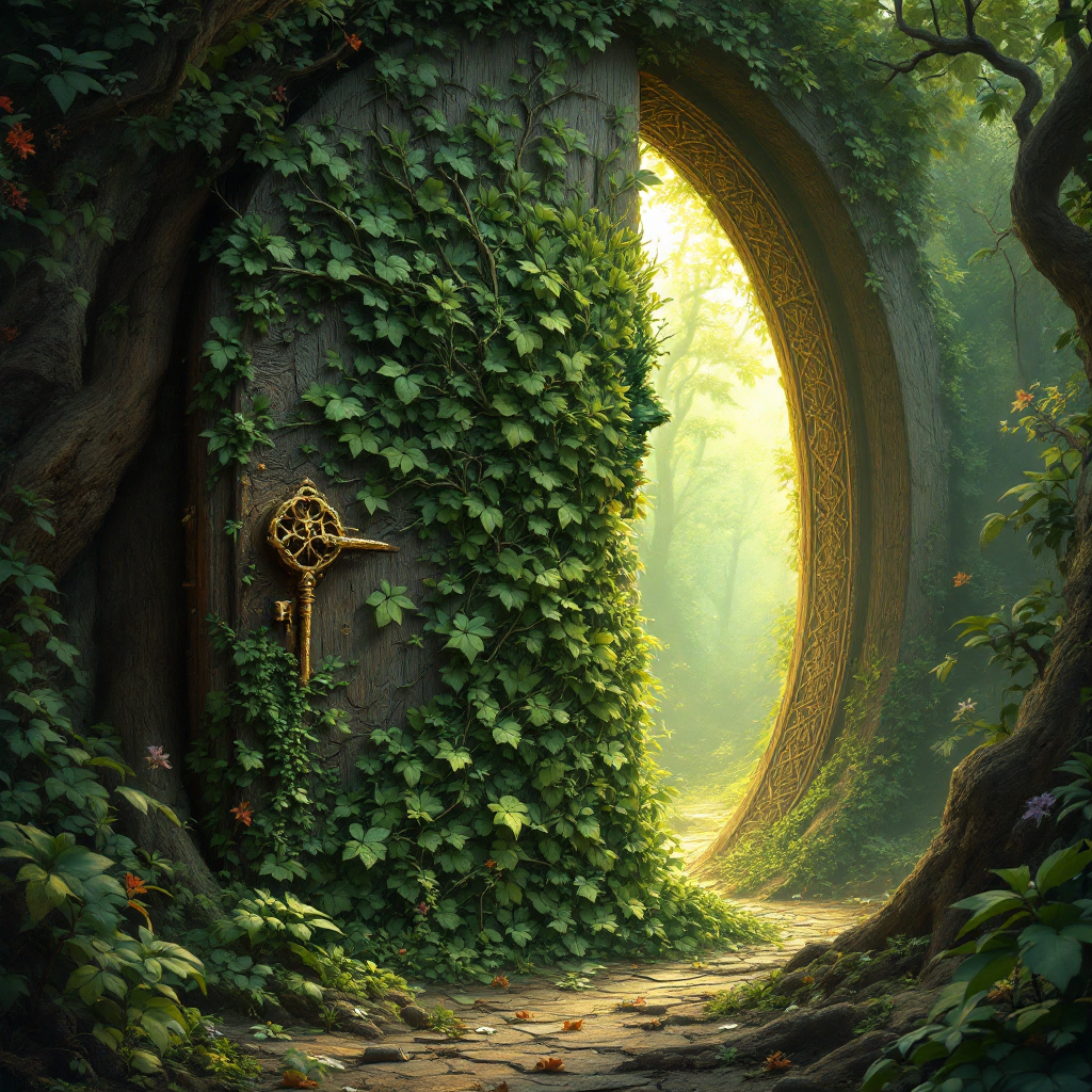 An intricately carved door, covered in lush green ivy, stands ajar in a mystical forest, hinting at the transformative journey within, inspired by the quote about unlocking the soul.