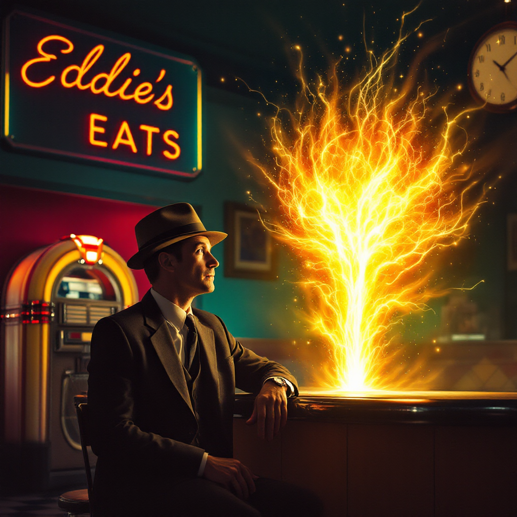 A man in a suit and fedora sits at a diner counter, gazing thoughtfully at a glowing tree of light, embodying the moment of inspiration described in the quote about glory lighting the mind.