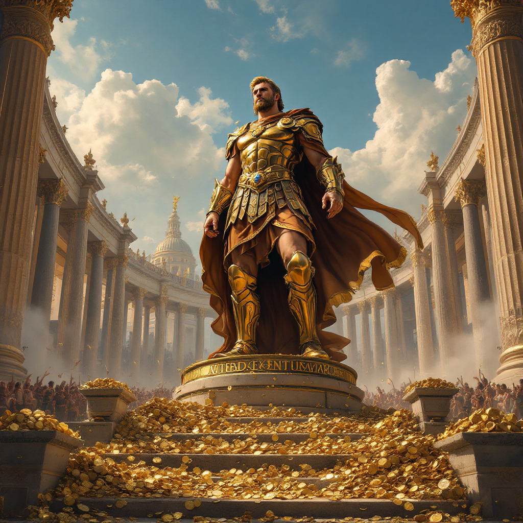 A majestic golden statue of a victorious figure stands atop a mound of treasure, framed by grand columns and a bright sky, embodying the quote, The victor belongs to the spoils.