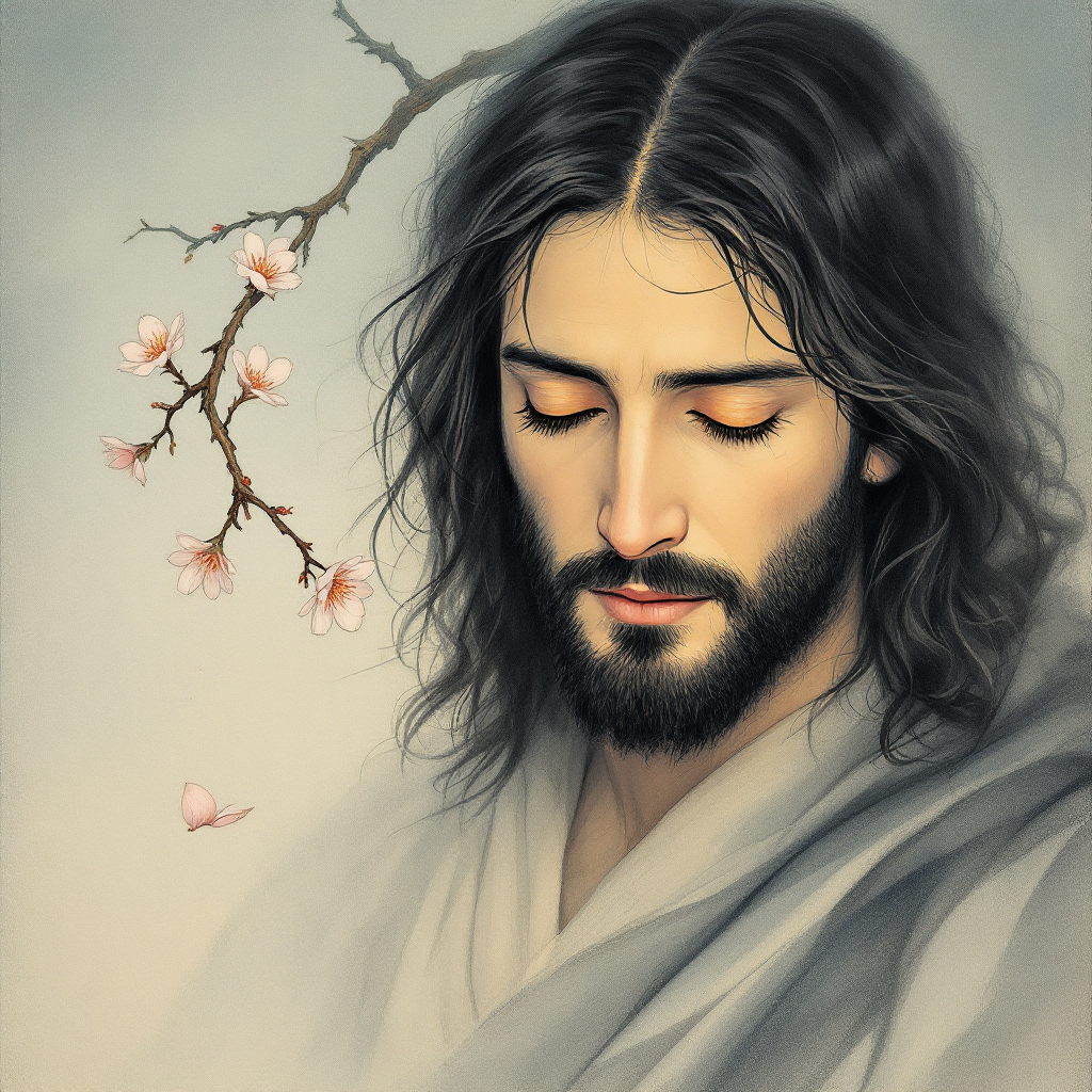 A serene depiction of Jesus, with closed eyes and gentle expression, surrounded by delicate blossoms, reflecting the quote, I am the resurrection and the life.