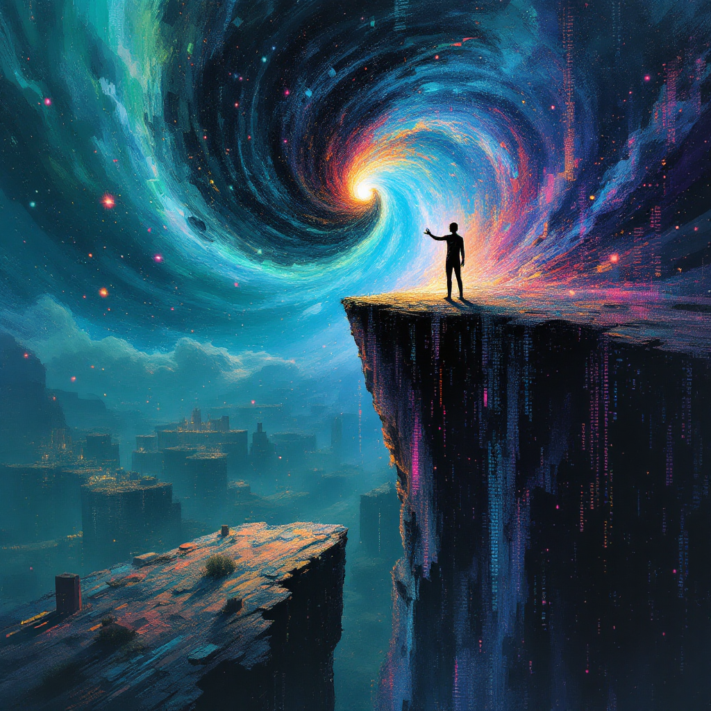 A silhouetted figure stands at the edge of a cliff, gazing into a swirling, colorful vortex of stars and galaxies, symbolizing discovery and understanding of the universe's mysteries.