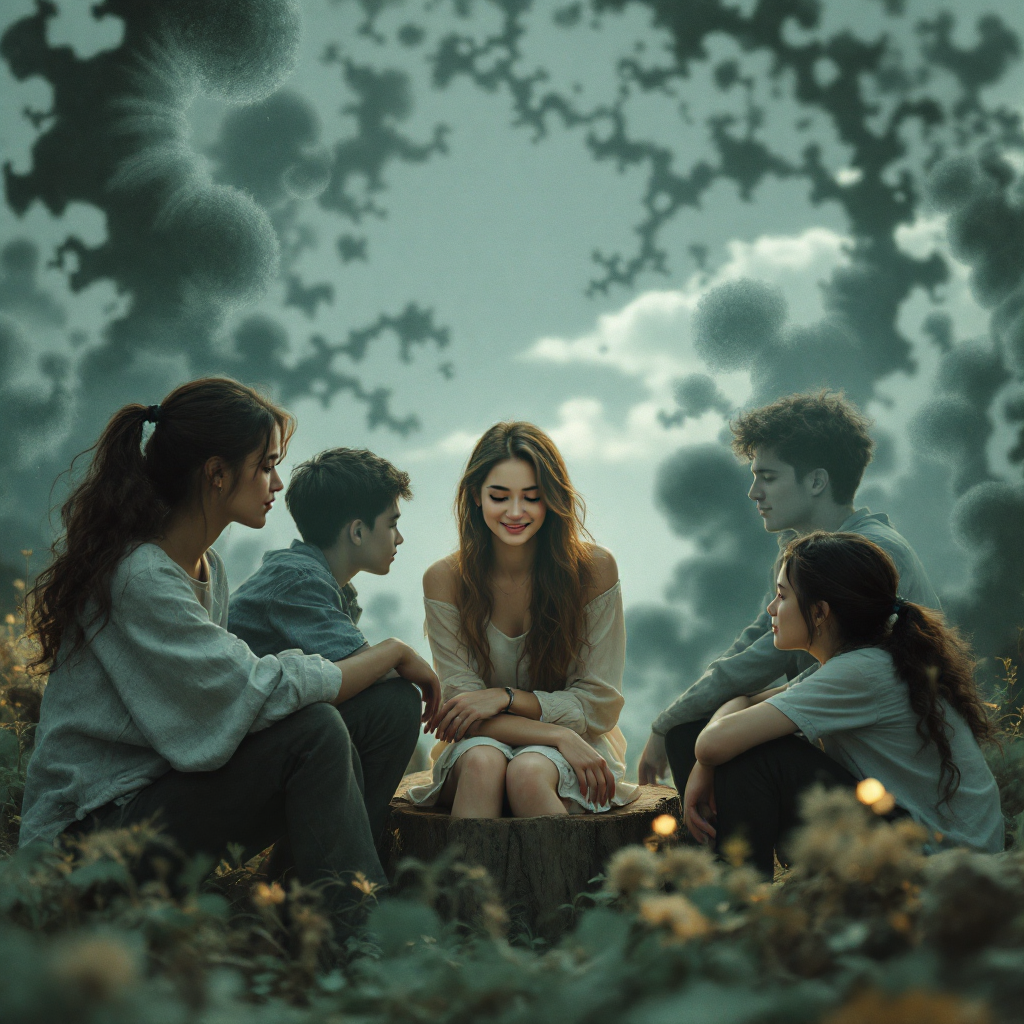 A group of four friends sits in a serene landscape, deep in thought, as one young woman smiles gently, embodying the quote's reflection on the silence of friends versus the words of enemies.