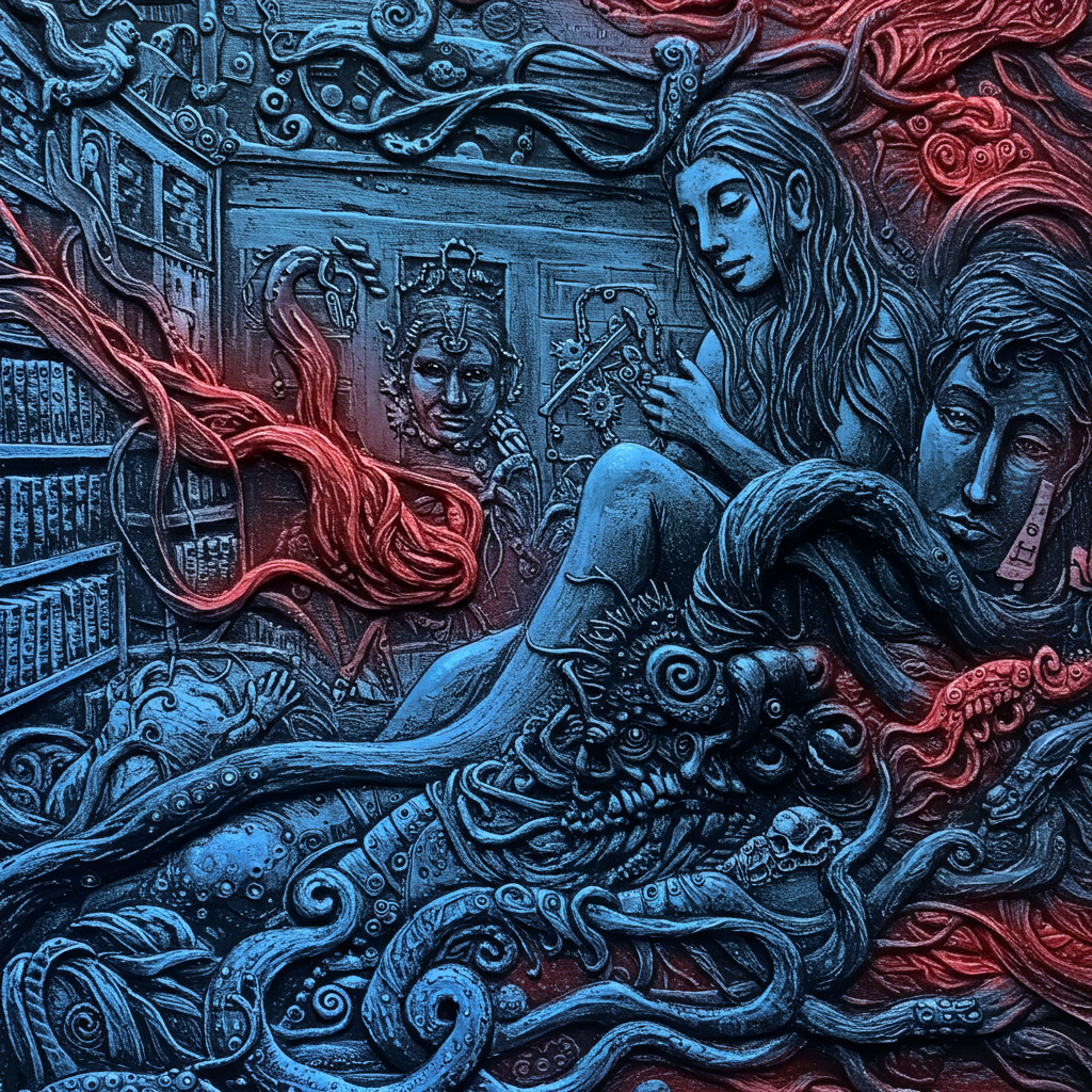 A surreal blue and red scene depicting a human figure intertwined with fluid, tentacle-like forms and sculpted faces, evoking emotions beyond mere anatomy.