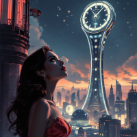 A woman in a red dress gazes up at a towering clock amidst a futuristic cityscape, under a starry sky at dusk, embodying a sense of wonder and exploration.