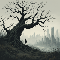 A solitary figure stands beneath a gnarled tree against a backdrop of a misty, abandoned city, reflecting nature's indifference to survival amidst a decaying landscape.