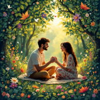 A couple sits on a blanket in a vibrant, flower-filled forest, gazing at each other and holding hands, symbolizing the importance of communication in relationships.