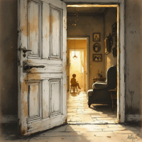 An open door reveals a warm, nostalgic interior where a child sits quietly, embodying the sentiment that home is a place that welcomes you back, no matter the distance traveled.