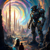 A giant robot looms over two figures in a vibrant, swirling cosmos, symbolizing the power to shape reality in life and space. Tall spires rise in the colorful landscape.