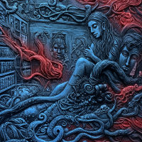 A surreal blue and red scene depicting a human figure intertwined with fluid, tentacle-like forms and sculpted faces, evoking emotions beyond mere anatomy.