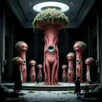 Alien, pinkish-brown flesh pillars with goopy sensors and mossy tops, draped in black and white fabrics, stand in place of an orchestra in a dark, grand hall.