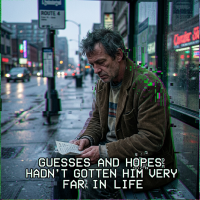 A weary man sits alone on a city street bench in the rain, staring down at a small notebook, embodying the feeling that guesses and hopes hadn't gotten him very far in life.