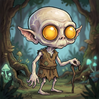 A waist-high, gaunt creature with translucent skin, large glowing orange eyes, pointed ears, and tattered clothing stands in a dark, glowing forest.