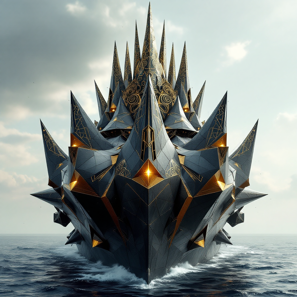 A spiky eight-pointed crown crowns the Broken Harvest ship, featuring a three-lobed bulb and a dull grey exterior adorned with geometric gold lines, gliding through water.