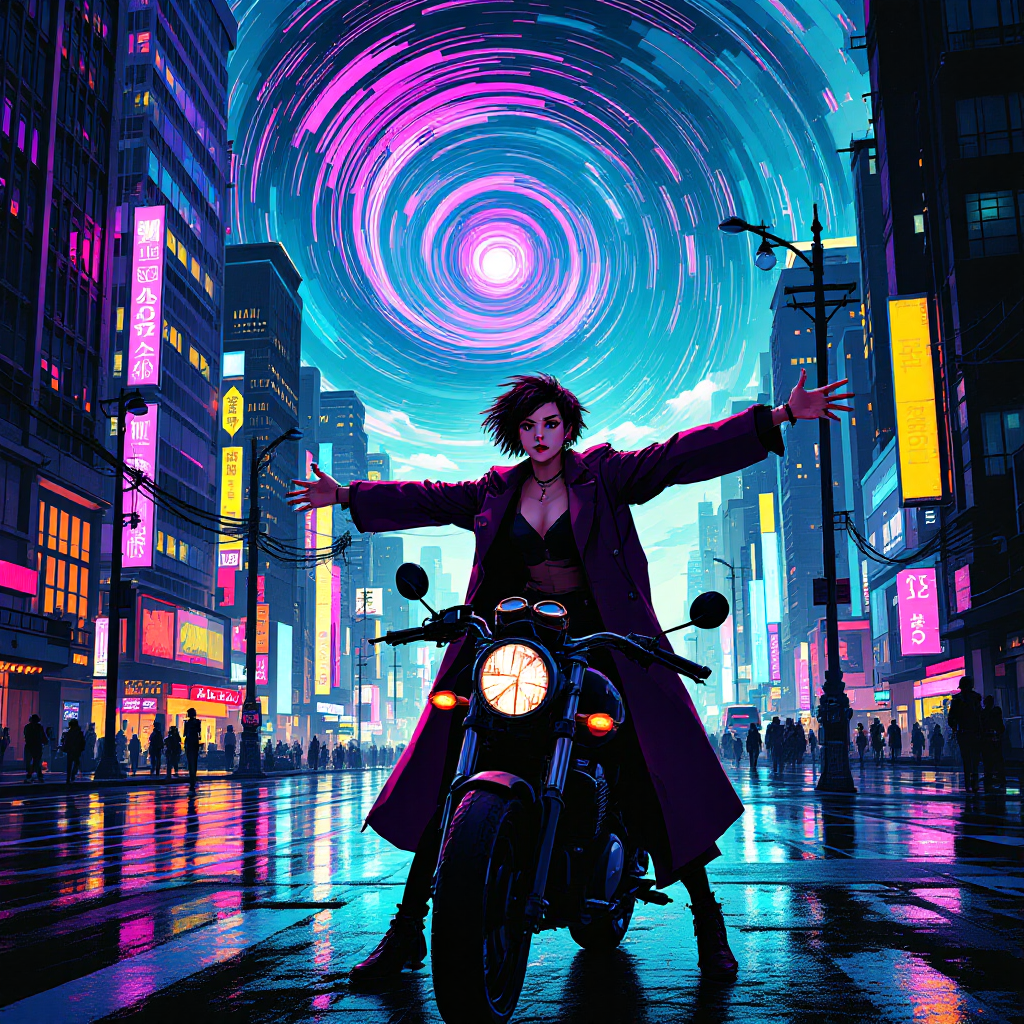 A figure on a motorcycle stands confidently in a vibrant, neon-lit cityscape, with swirling clouds above, embodying the power of embracing the past rather than escaping it.