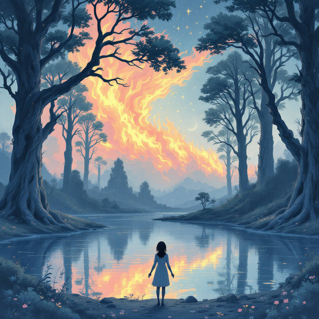 A young girl in a white dress stands by a serene lake, gazing at a fiery sunset through towering trees, embodying the idea that choices shape destiny, not fate.