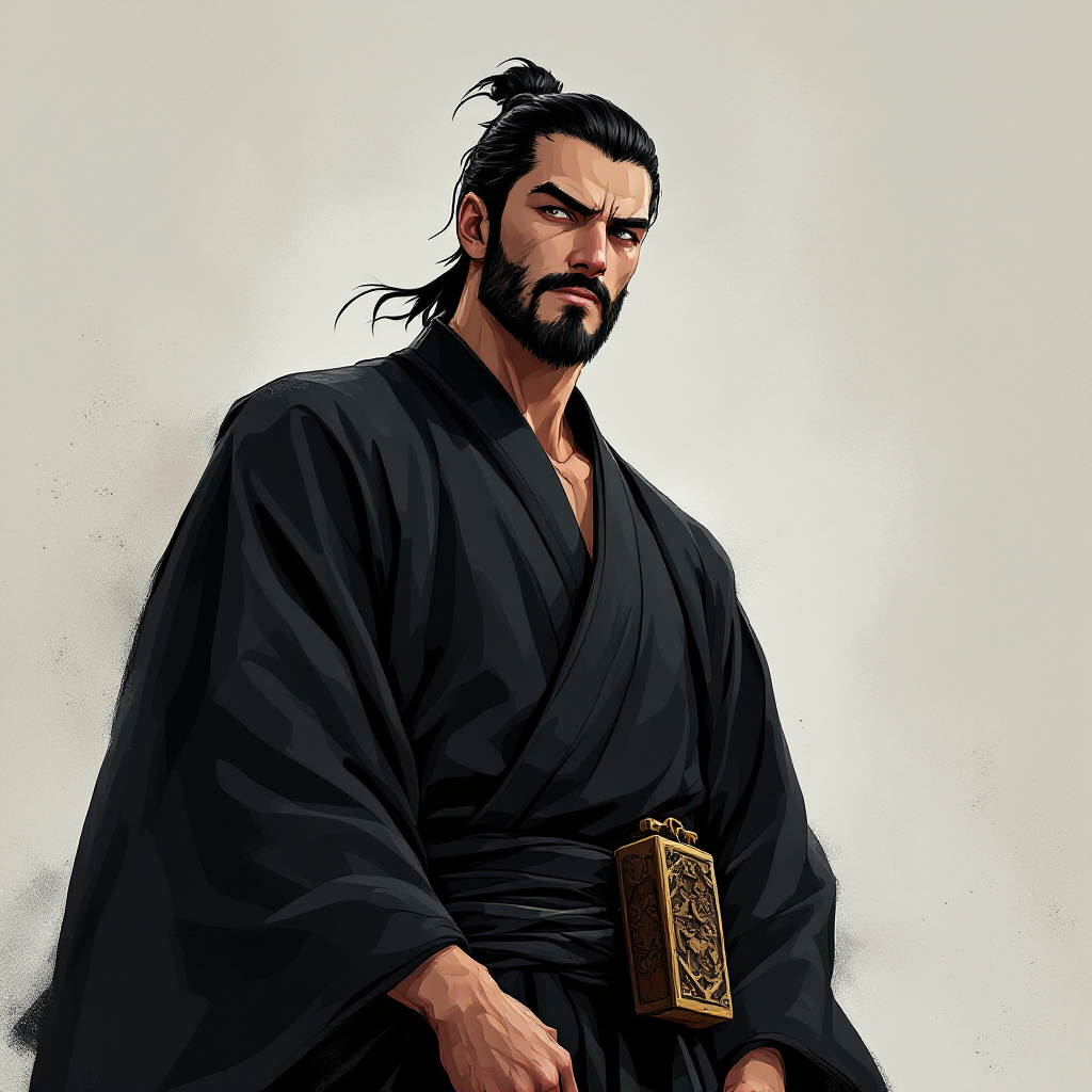 A powerful figure in a traditional black kimono stands confidently, embodying the essence of self-acceptance from the quote: The man who is truly great cannot deny himself.