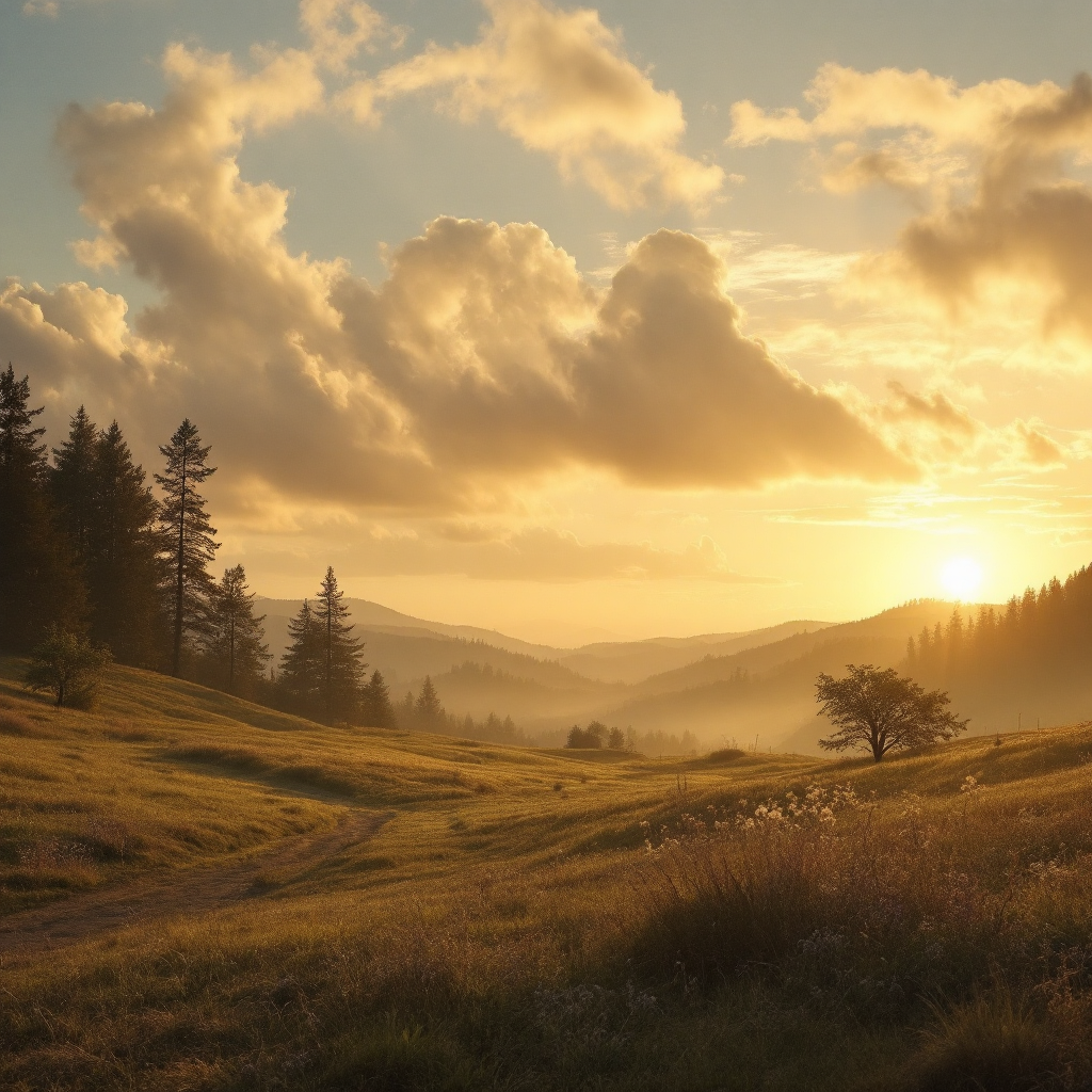 A serene landscape at sunset, showcasing rolling hills, lush greenery, and soft clouds, evoking a sense of safety and tranquility as the day comes to a close.