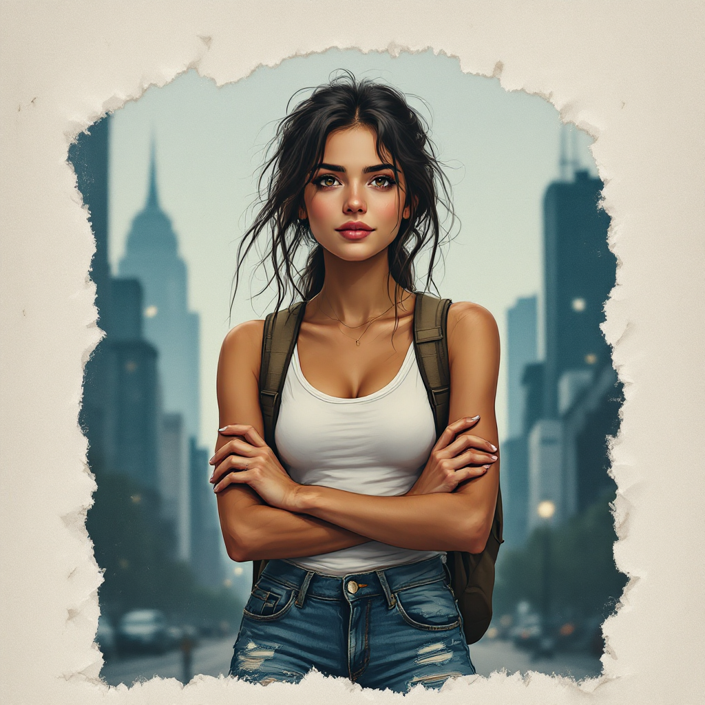 A strong young woman stands confidently with arms crossed against a city backdrop, embodying resilience and growth, highlighting the quote about strength through struggle.