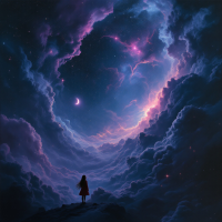 A figure in a red cloak stands before a cosmic sky filled with swirling clouds, stars, and a crescent moon, evoking the beauty and wonder of October's magic.