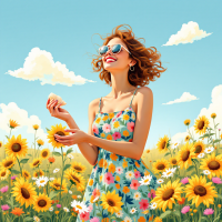 A joyful woman in a floral dress stands amidst a field of sunflowers, holding a snack and smiling under a bright blue sky, embodying the essence of thriving and finding joy in life’s moments.