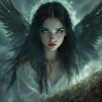 A solemn woman with dark, flowing hair and striking green eyes gazes directly at the viewer, framed by ethereal wings, embodying the quote's reflection on innocence and morality.