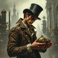 A young man in a steampunk outfit holds a decorative clock, reflecting on courage and self-advocacy, inspired by the quote about personal growth and standing up for oneself.