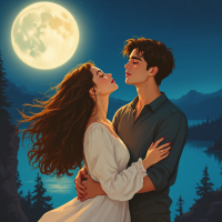 A couple embraces under a bright full moon, their faces close, surrounded by a serene lake and mountains. The scene reflects the idea that love is a choice, beyond just a feeling.