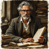 A distinguished man with gray hair and glasses sits at a wooden table, surrounded by books, studying an open manuscript, embodying the dual spirit of a professor and a poet.