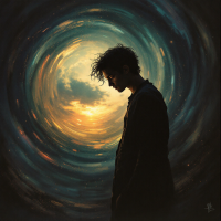 A silhouette of a young man stands contemplatively on the edge of a swirling vortex, symbolizing the emotional complexities of time travel, with a vibrant, swirling sky behind him.