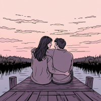 A couple sits together on a dock, embracing as they gaze at a serene sunset. Their shared laughter and connection embody the essence of friendship and love.