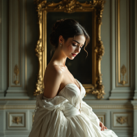 A woman in a flowing white gown stands gracefully in an ornate room, bathed in soft light, conveying a sense of contemplation and beauty. The backdrop features elegant gold-framed artwork.