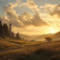 A serene landscape at sunset, showcasing rolling hills, lush greenery, and soft clouds, evoking a sense of safety and tranquility as the day comes to a close.