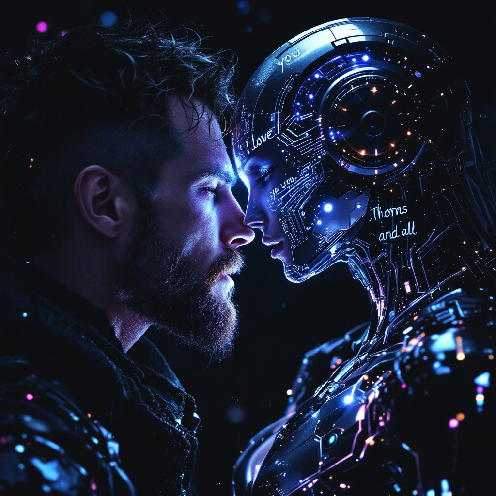 A man with a rugged beard closely gazes at a futuristic, shimmering humanoid robot, evoking the quote, “I love you, thorns and all,” highlighting their deep connection.