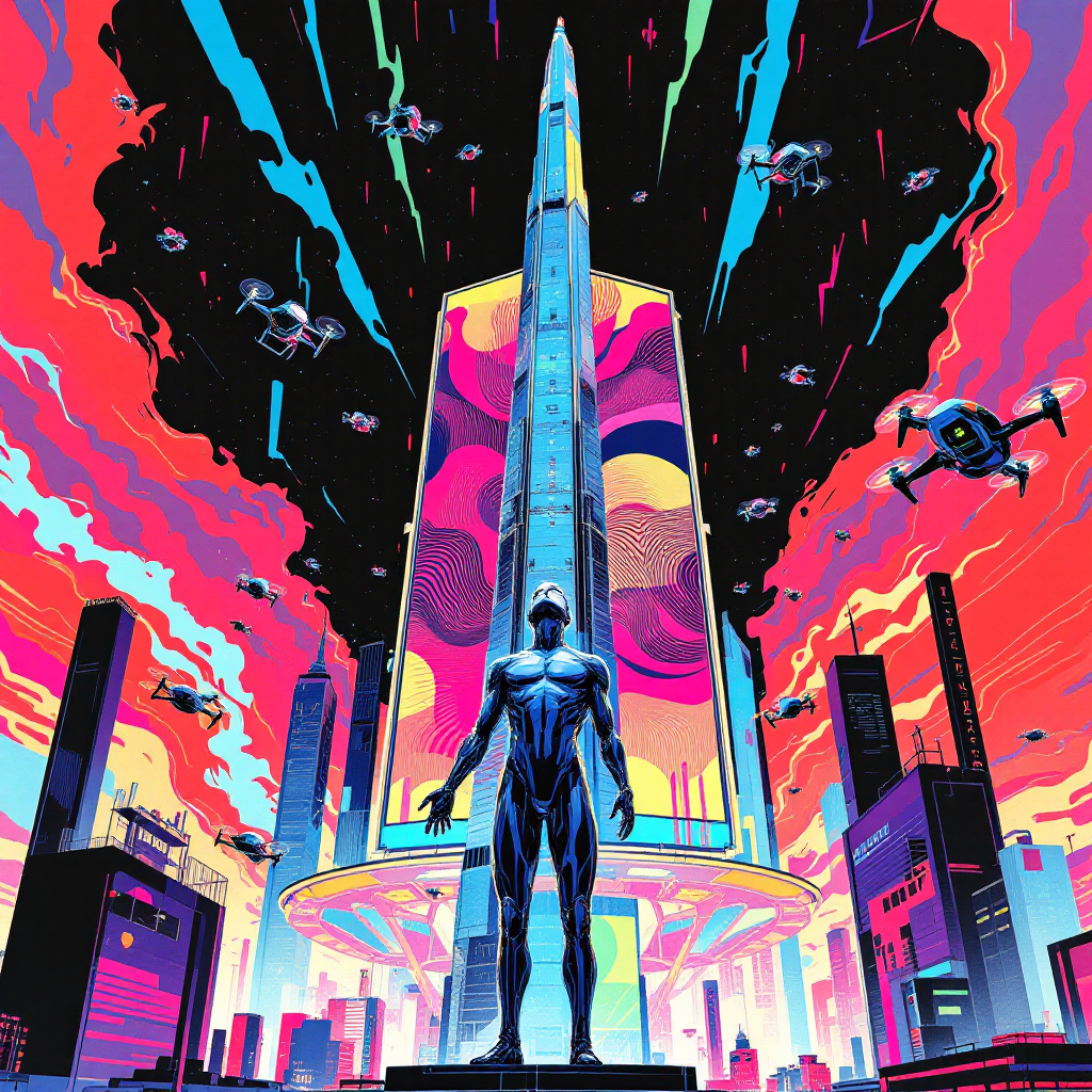 A futuristic scene with a metallic figure standing before a towering structure, vibrant colors swirl in the sky, and drones hover among tall buildings, embodying adaptation and redefined reality.