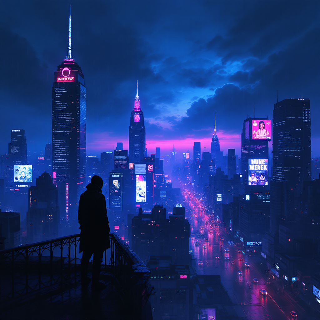 A silhouette stands on a balcony overlooking a vibrant, neon-lit cityscape at dusk, embodying the uncertainty and beauty of life's unpredictable journey.