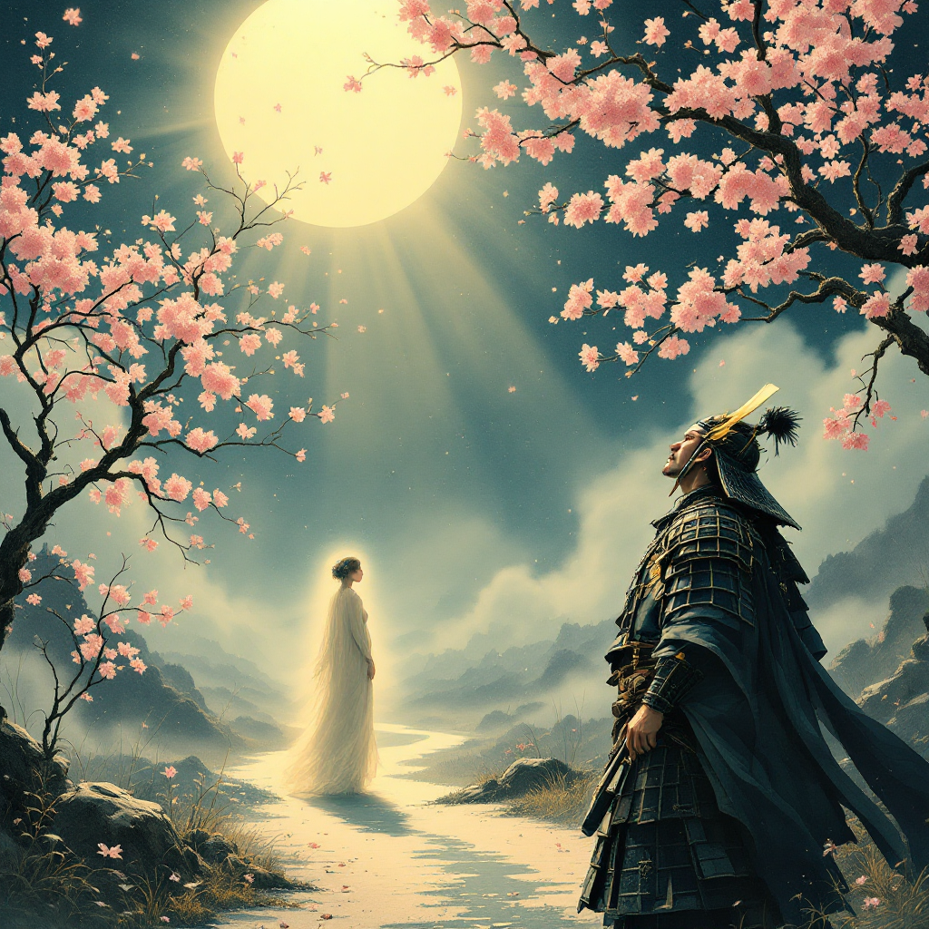 A samurai gazes up at a luminous moon amidst cherry blossom trees, while a ghostly figure stands in the path, symbolizing the interplay of choices and fate.