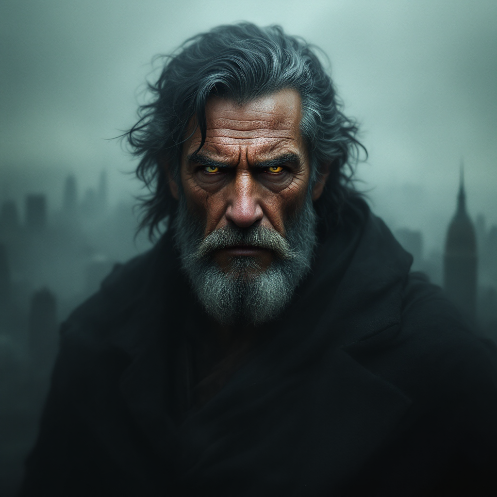 A brooding, elderly man with long gray hair and a bushy beard stares intensely at the viewer, embodying the essence of a great man whose absence leaves others at a loss.