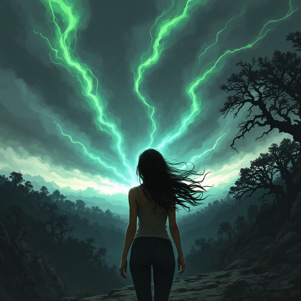 A woman stands with her back to the viewer, gazing at a dramatic sky filled with green lightning, embodying the struggle against fear as evoked by the quote, The only thing worse than fear is giving into it.