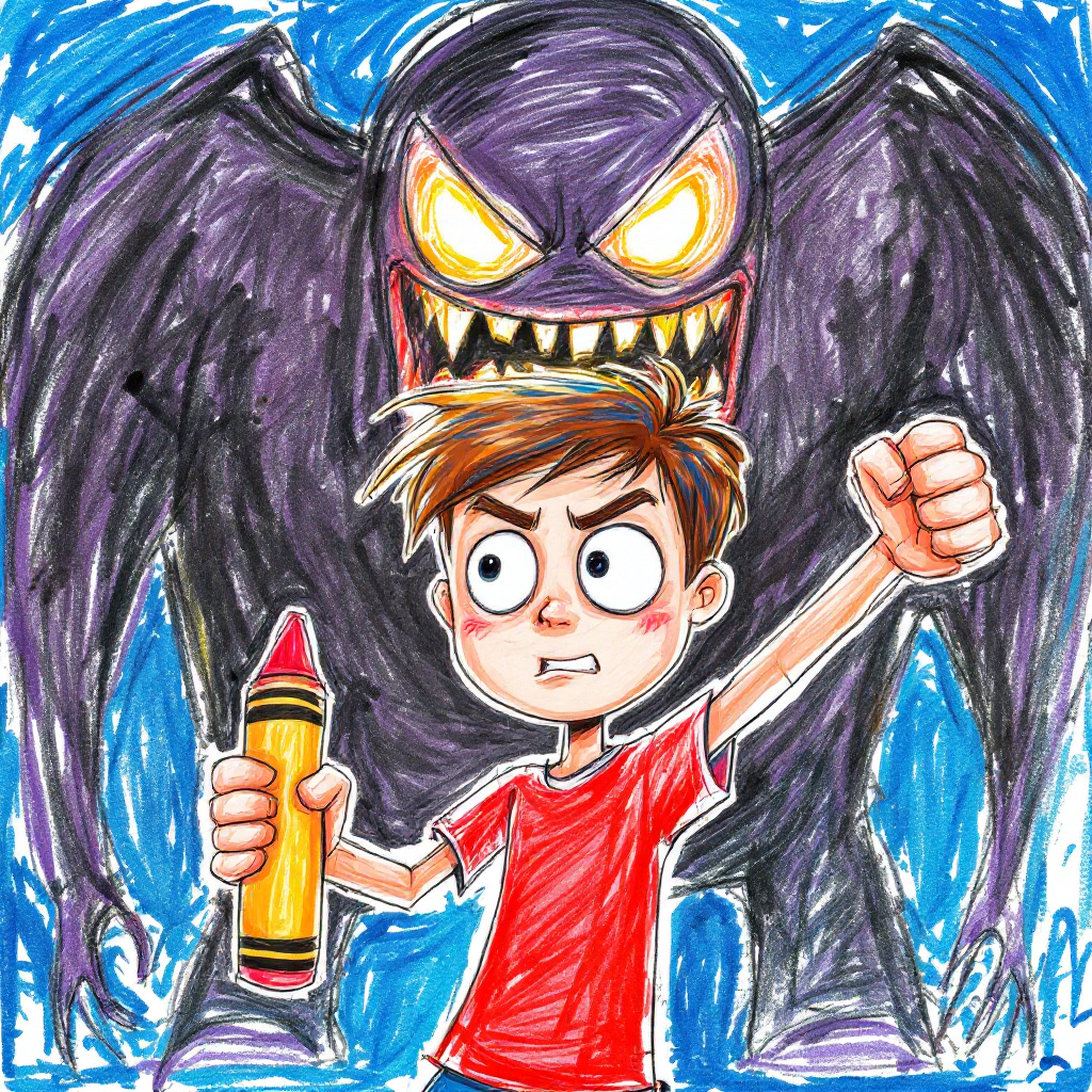 A determined boy grips a crayon, defiantly facing a menacing shadow monster with glowing eyes, illustrating the fight against challenges and the call to take action.