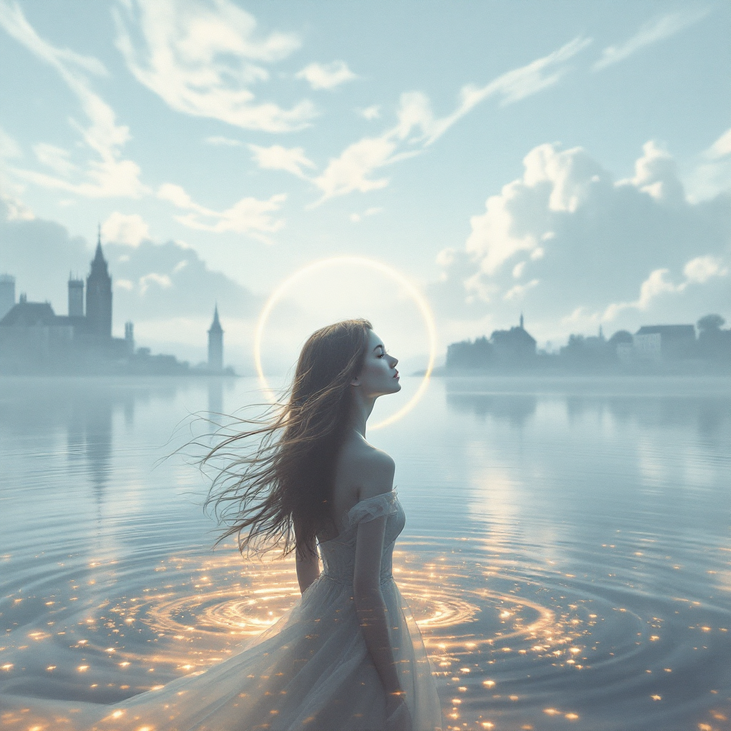 A woman in a flowing dress stands in a tranquil water setting, surrounded by soft light and swirling patterns, embodying the essence of gentle indifference in a serene world.