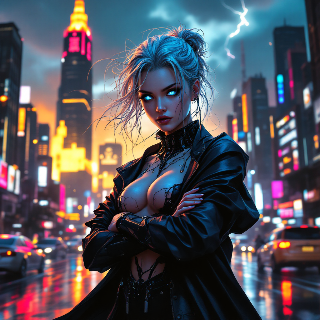 A fierce woman with glowing eyes stands confidently in a rain-soaked cityscape at night, embodying the quote, History is written by those who refuse to give up, against a backdrop of vibrant lights.