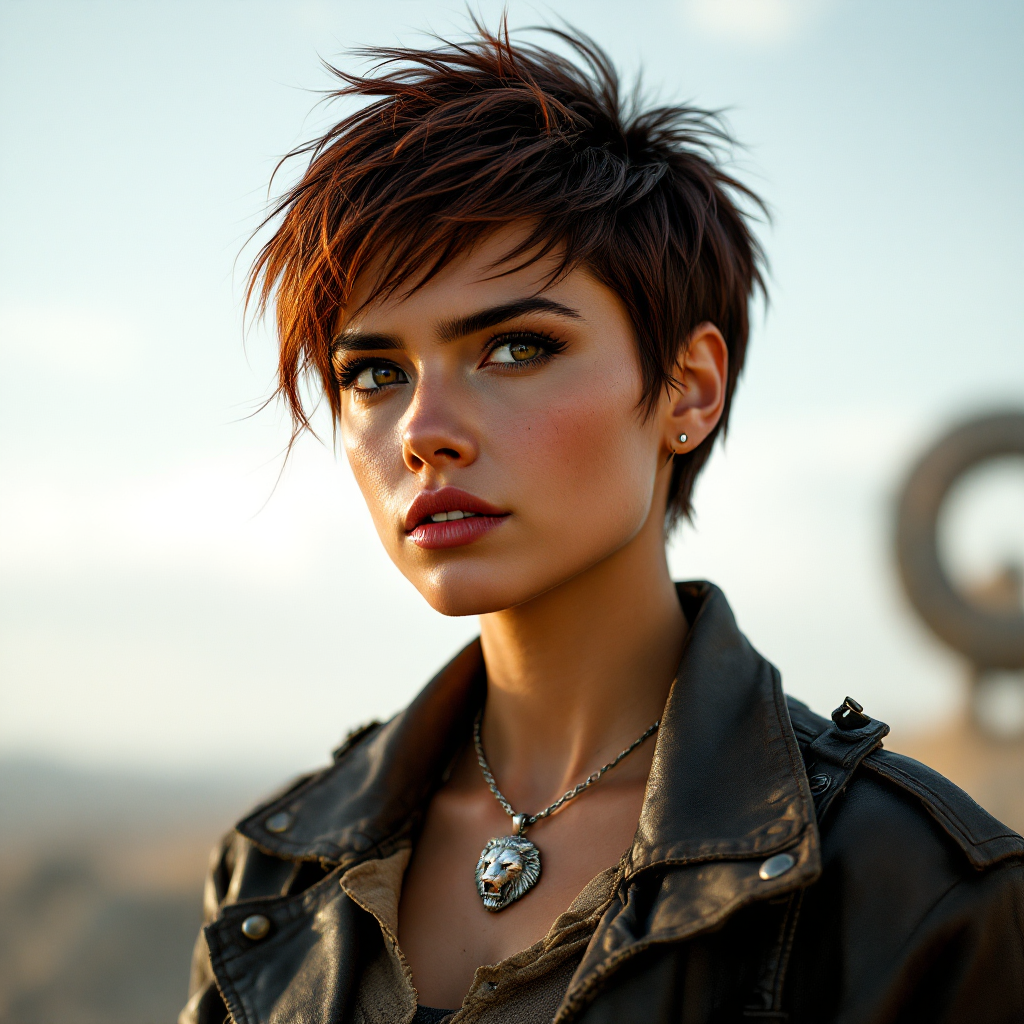 A confident young woman with short, textured hair and a leather jacket looks determined against a scenic backdrop, embodying the spirit of bravery and self-reliance.