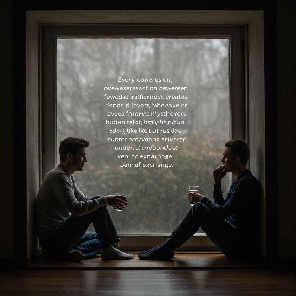 Two friends sit facing each other in silhouette by a large window, embodying the hidden rhythms and subtle currents beneath their conversation.