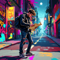 A young man stands in a vibrant urban alley, studying a map with colorful graffiti around him, symbolizing choice and individuality in contrast to machines.