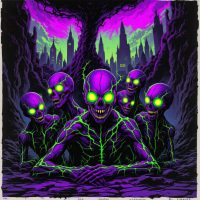 A group of eerie, skeletal figures with glowing green eyes and purple skin emerge from a dark, twisted landscape, symbolizing the complexity of human nature beyond appearances.