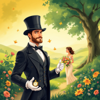 A distinguished man in a top hat holds a pocket watch, while a woman in a flowing dress carries a bouquet, set in a vibrant garden, echoing the classic theme of love and wealth.