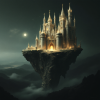 A majestic floating castle illuminated at night, set against a dark, mystical landscape, embodies the idea that the impossible must be possible despite appearances.